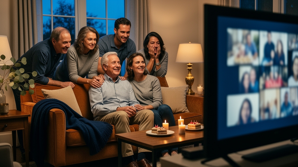 Family members smile together while watching a celebration memory montage